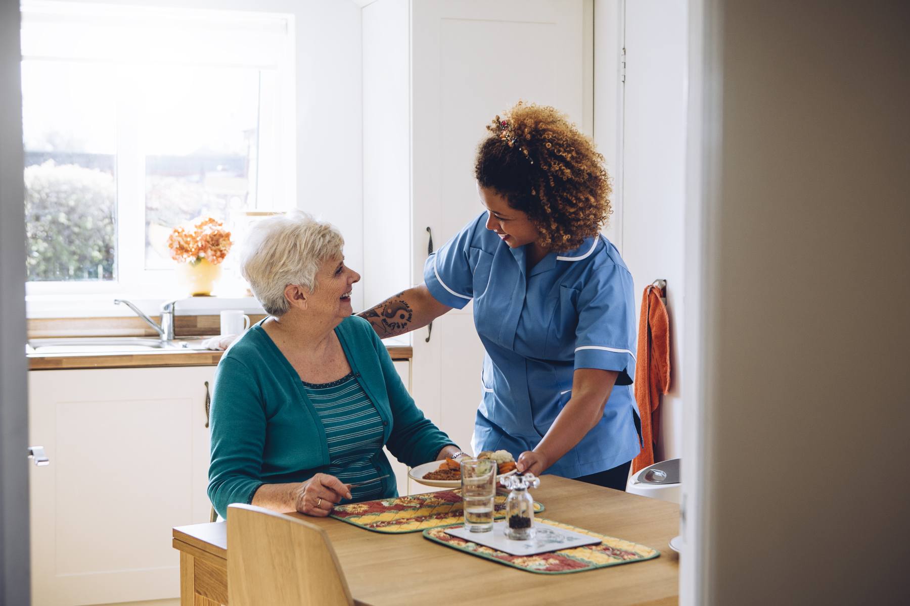 Care worker giving an old lady her dinner